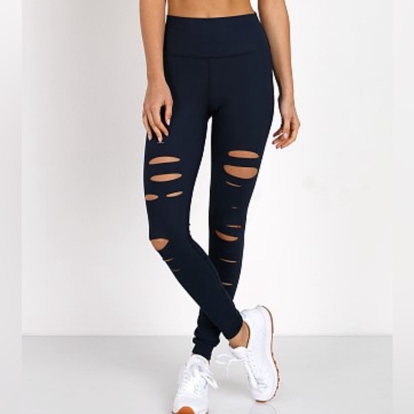Alo Yoga Women's High Waist Ripped Warrior Black Leggings - Picture 1 of 5